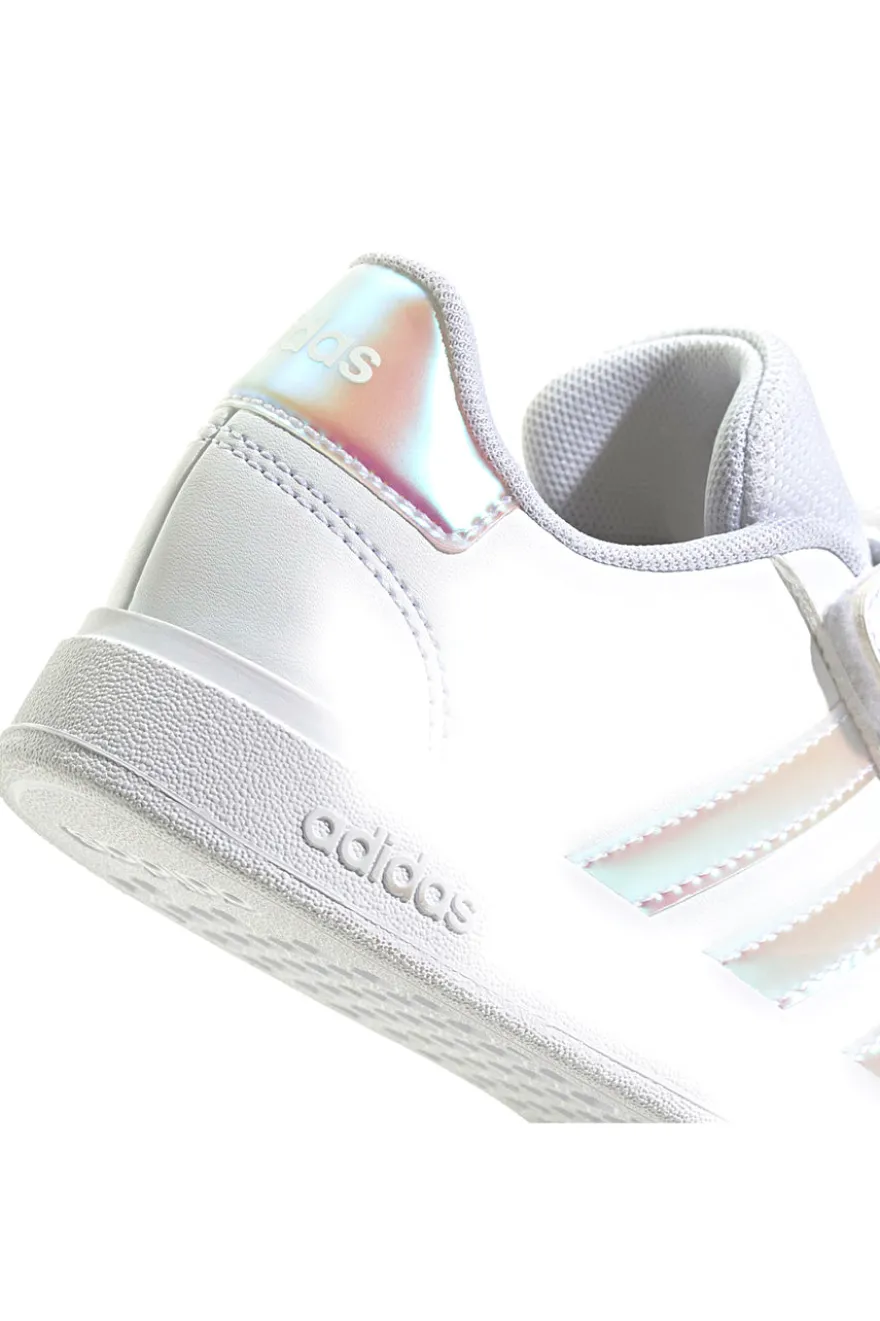 Adidas Grand Court 2.0 EL C – Weiße Sneakers mit schillernden Streifen und Klettverschluss