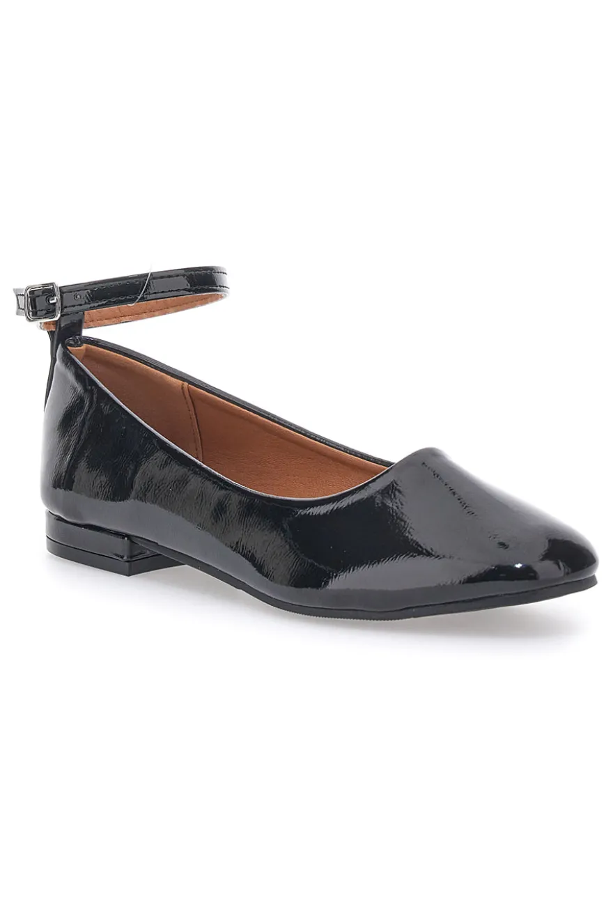 Ballerine Nere Effetto Vernice con Cinturino e Tacco Comodo THE FIRST IDE1075
