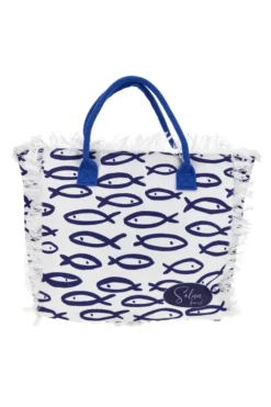 Borsa mare bianca e blu in tessuto con frange Selun beach 261020