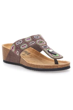 Braune Flip Flops mit Plateau und farbigen Steinen FIRST ROW 12602