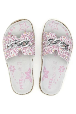 Ciabatte bianche con fantasia rosa e catena decorativa Pitt Kids 14506