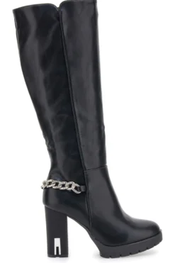 Hohe schwarze Stiefel mit dekorativer Kette THE FIRST H262534