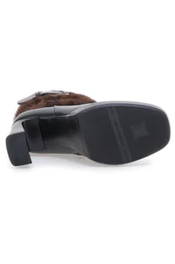 Laura Biagiotti 9384M schwarze Stiefeletten mit hohem Absatz, Riemen und Pelzbesatz