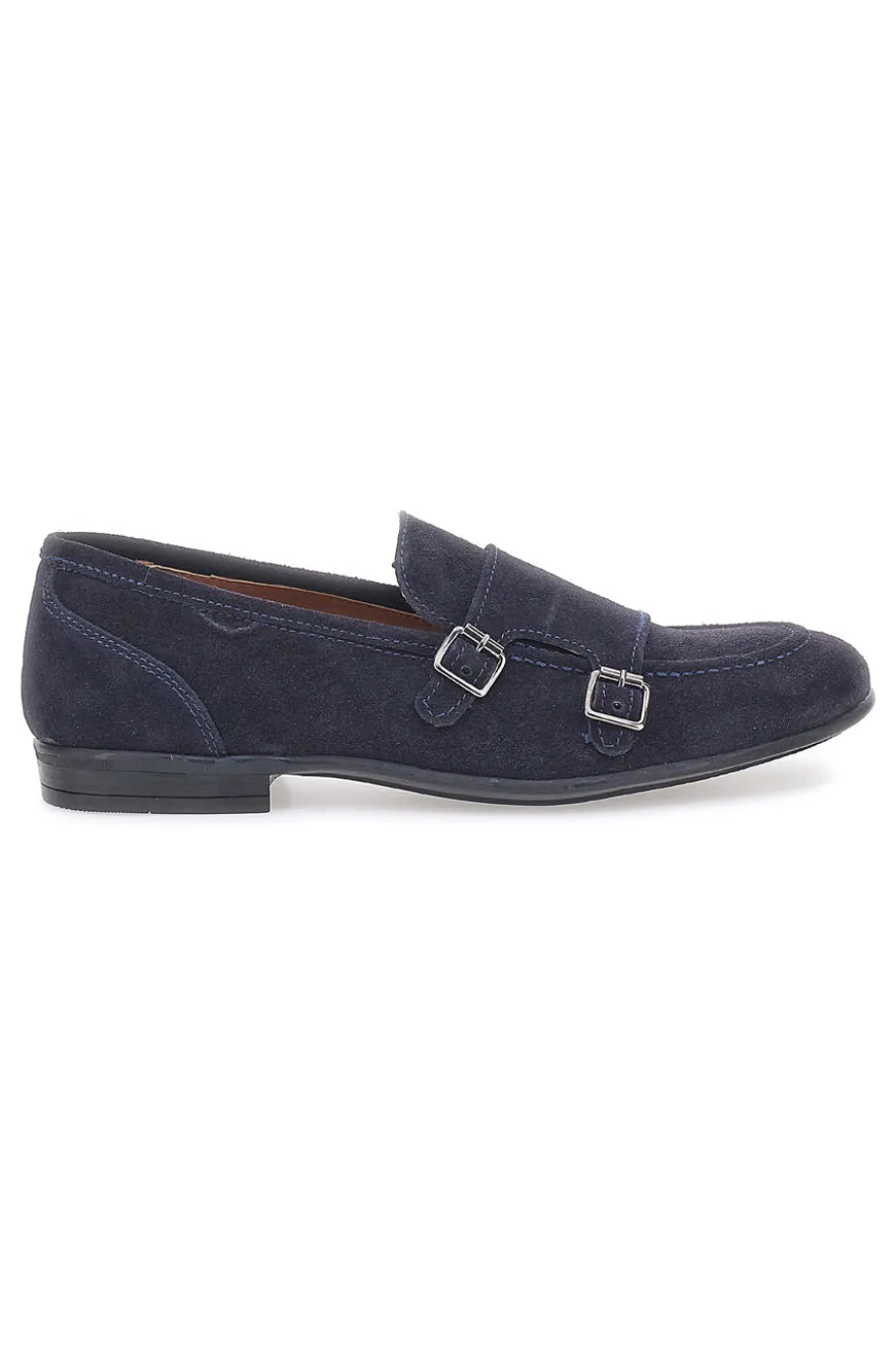 Mocassini da uomo blu scuro con doppia fibbia in pelle calzata ampia Ptr 4077