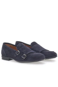 Mocassini da uomo blu scuro con doppia fibbia in pelle calzata ampia Ptr 4077