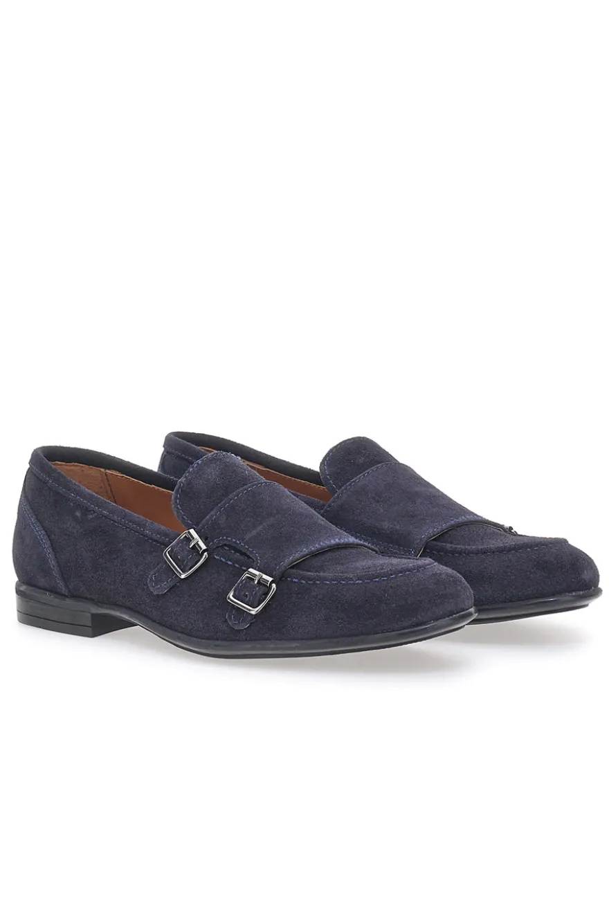 Mocassini da uomo blu scuro con doppia fibbia in pelle calzata ampia Ptr 4077