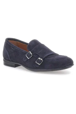 Mocassini da uomo blu scuro con doppia fibbia in pelle calzata ampia Ptr 4077