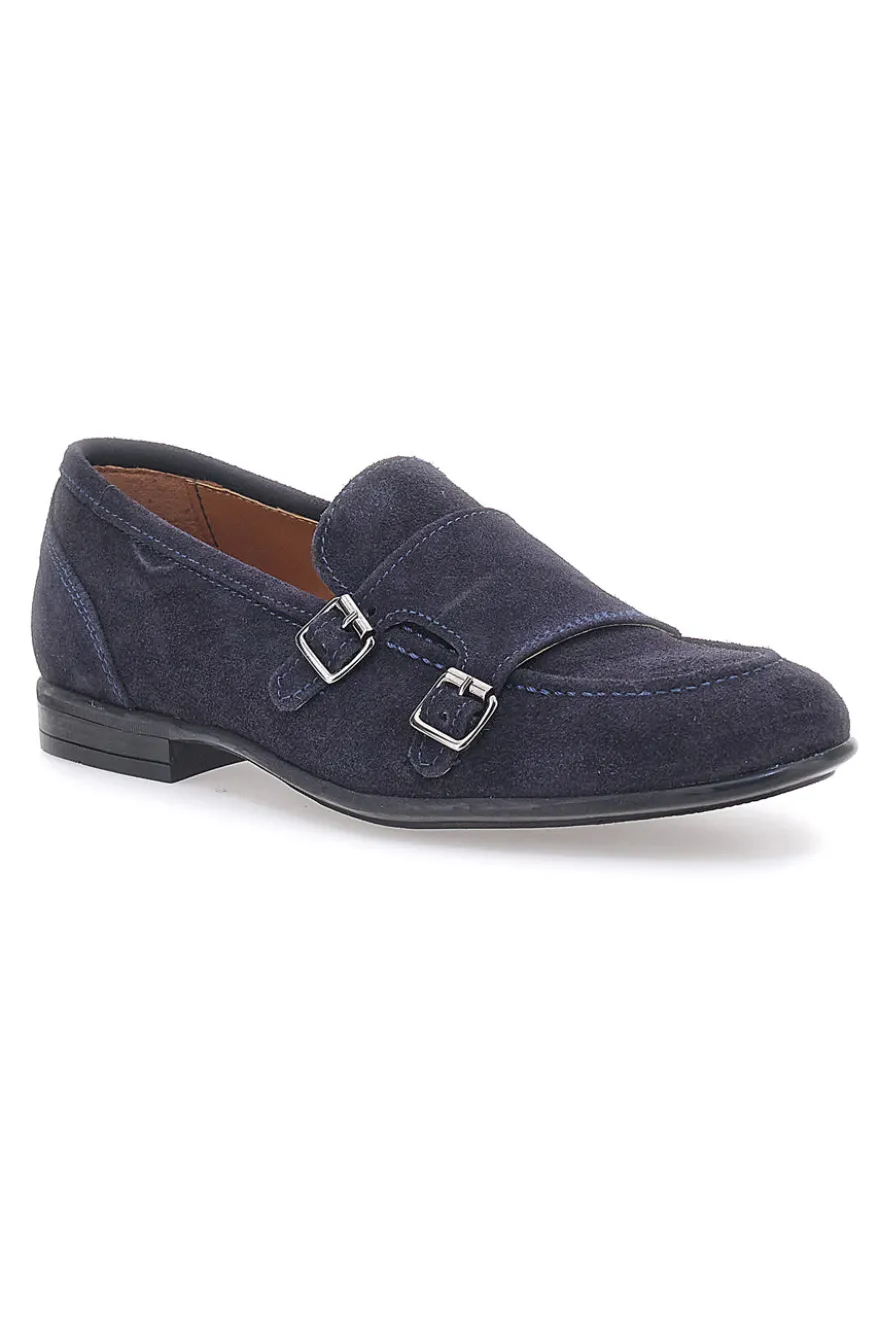 Mocassini da uomo blu scuro con doppia fibbia in pelle calzata ampia Ptr 4077