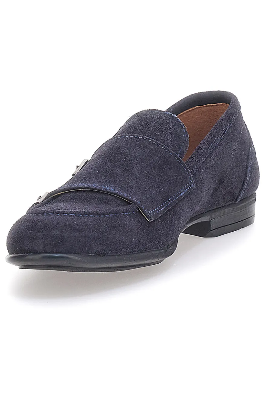 Mocassini da uomo blu scuro con doppia fibbia in pelle calzata ampia Ptr 4077