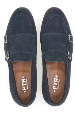 Mocassini da uomo blu scuro con doppia fibbia in pelle calzata ampia Ptr 4077
