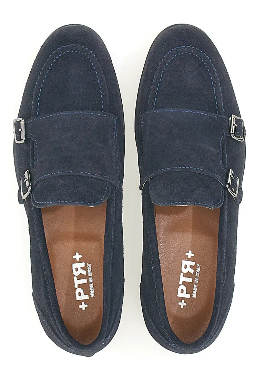 Mocassini da uomo blu scuro con doppia fibbia in pelle calzata ampia Ptr 4077