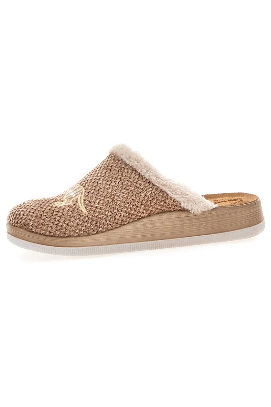 Pantofole beige con ricamo cane e bordo in pelo Inblu 42 CT