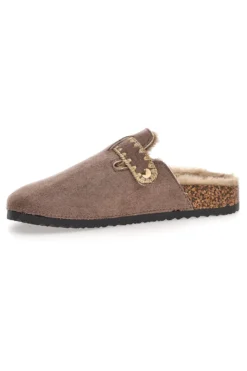 Pantofole taupe con fibbia e interno con pelo Altemberg 1107