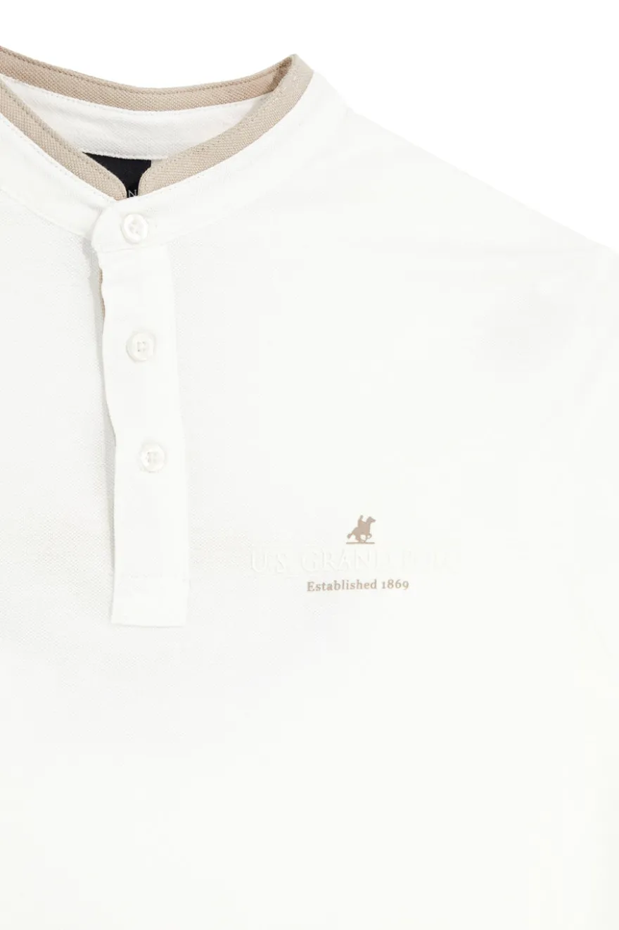 Polo Bianca con Collo Coreana e Profili Beige U.S.Grand Polo US61506M