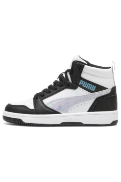 Puma Rebound V6 Mid Space Belle Jr – Schwarze und weiße High-Top-Sneaker mit schillernden Details