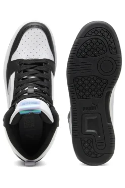 Puma Rebound V6 Mid Space Belle Jr – Schwarze und weiße High-Top-Sneaker mit schillernden Details