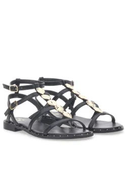 Sandali neri bassi con fascette incrociate e dettagli oro Me & Me 661