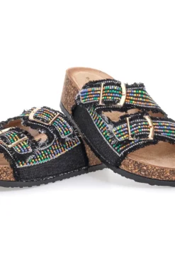 Sandali neri con perline multicolor e doppia fibbia Dame Rose APY66