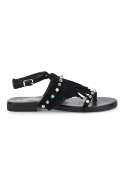 Sandali neri in vera pelle infradito con frange e borchie Pittarello look IF6856