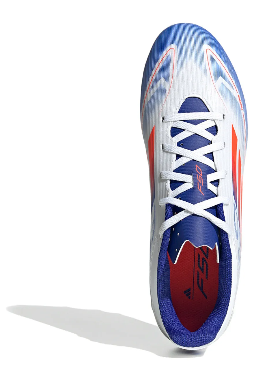 Scarpe da calcio bianche e blu con tacchetti per terreni erbosi Adidas F50 Club FXG