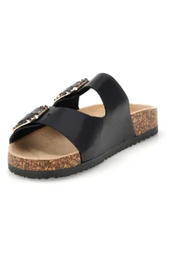 Schwarze Hausschuhe mit doppeltem Riemen und Zierschnallen Me & Me 14604