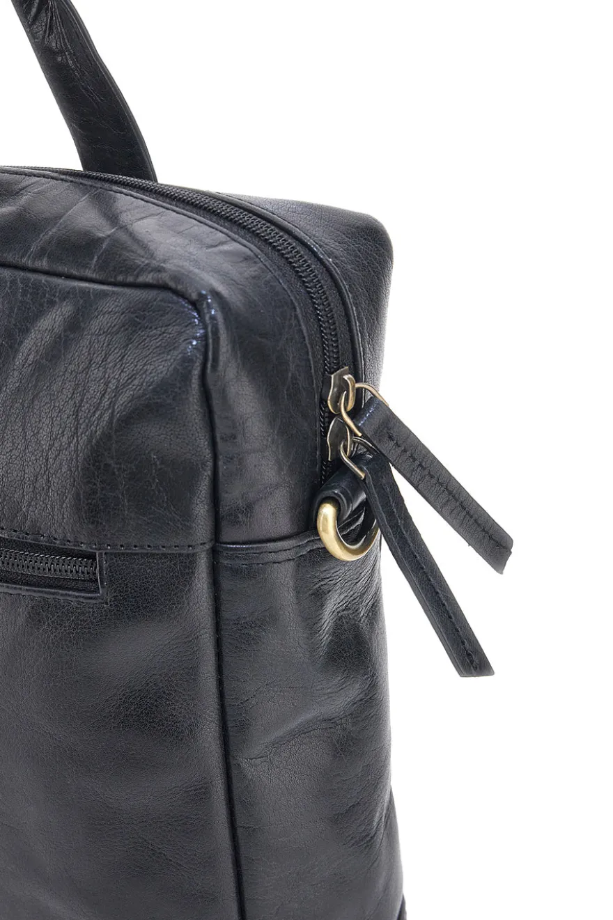 Schwarze Leder Aktentasche mit Reißverschluss und Schulterriemen Nbg 333-1