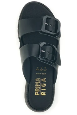 Schwarzer Slipper mit doppeltem Riemen und Schnallen Prima riga V113