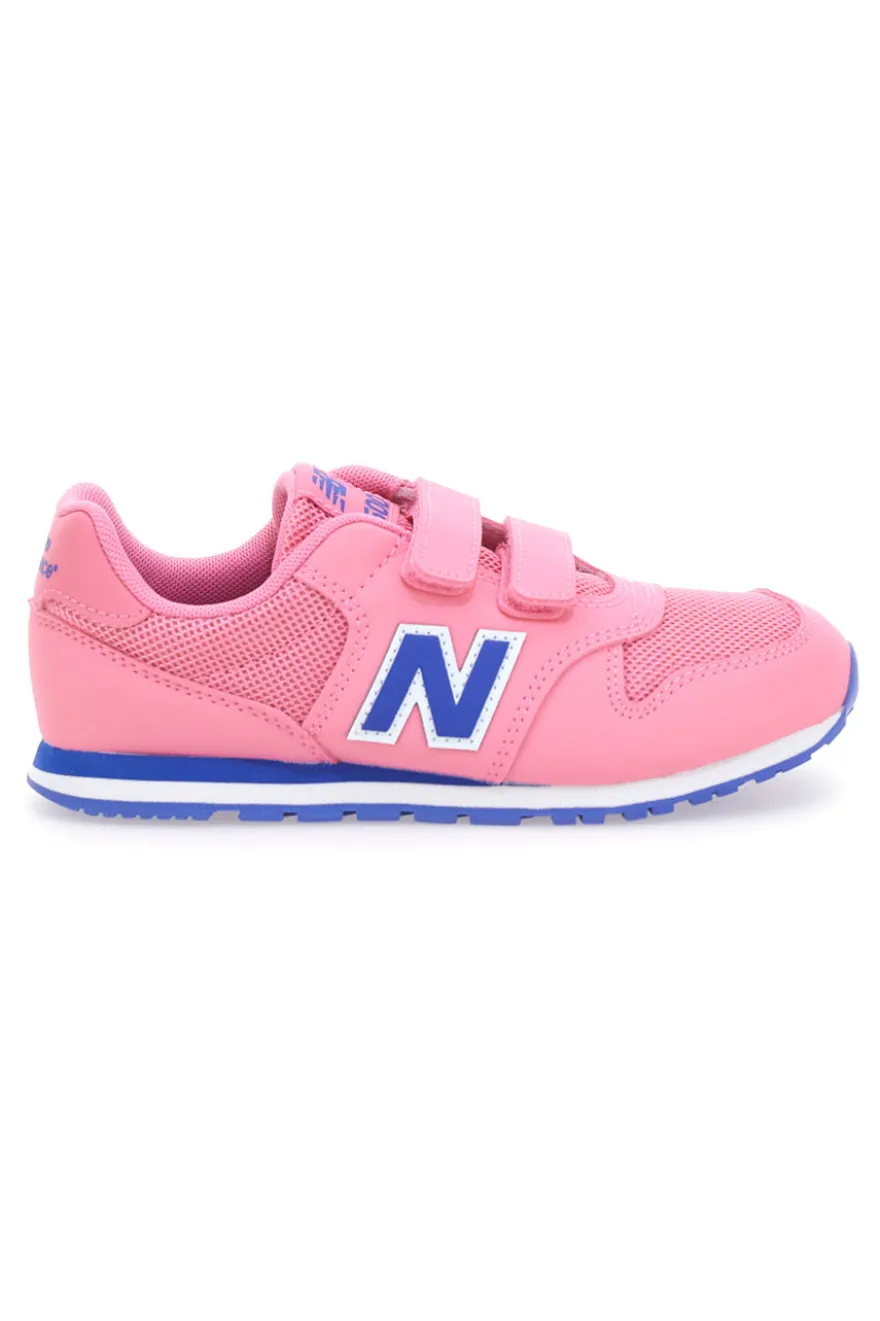 Sneaker rosa con doppio strappo e logo blu New Balance 500