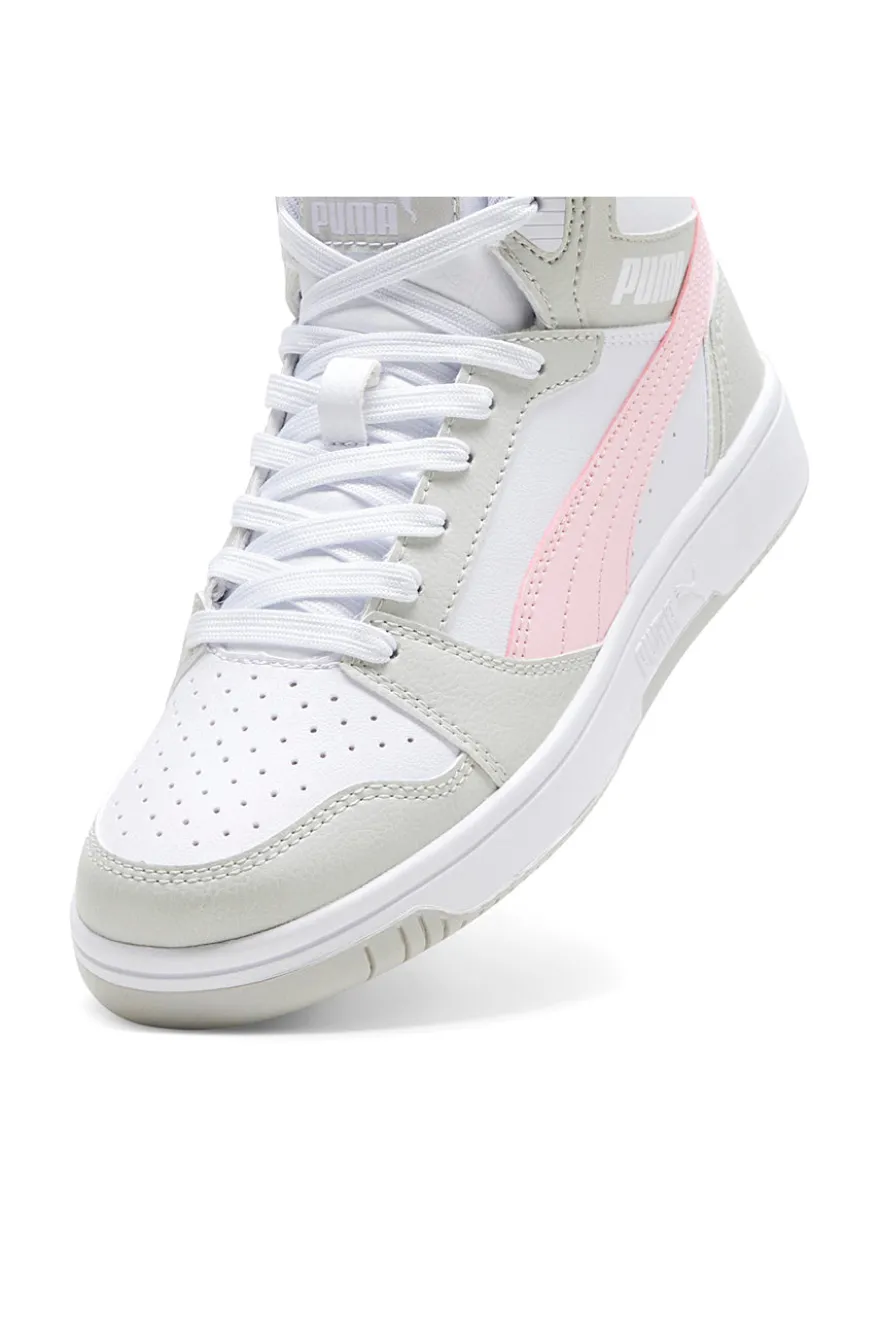 SNEAKERS ALTE BIANCHE CON DETTAGLI ROSA PUMA REBOUND V6 MID JR