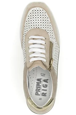 Sneakers Beige Bianco in pelle con lacci e zip Prima riga 21668FAST