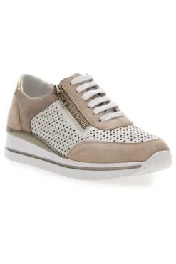 Sneakers Beige Bianco in pelle con lacci e zip Prima riga 21668FAST