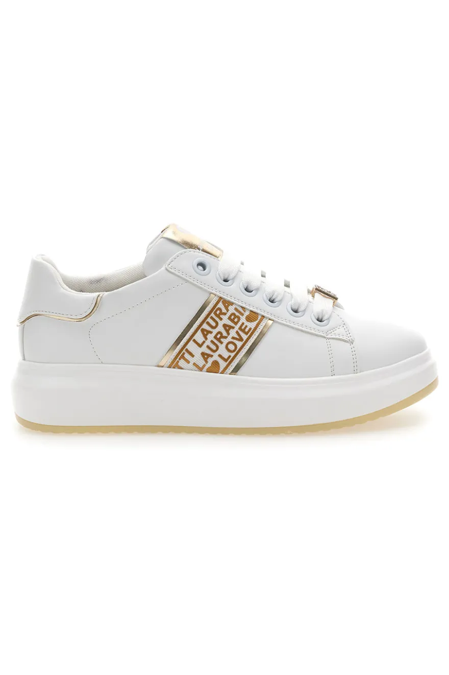 Sneakers Bianche con Bande Laterali Oro LAURA BIAGIOTTI L8945