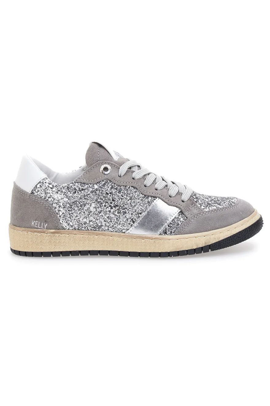 Sneakers grigio argento in pelle con dettagli glitter Made in Italy Pittarello Capsule Kelly