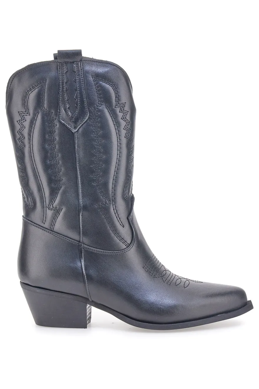 Stivaletti texani neri in vera pelle ricamati Pittarello love TEX4090