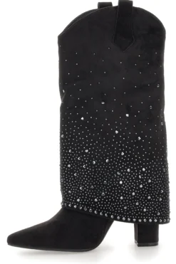Stivali texani neri con tacco alto e strass The First P606