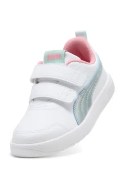 Weiße Sneaker mit blauen und rosa Details, Doppelriemen, Puma Courtflex V3 Space Belle V PS