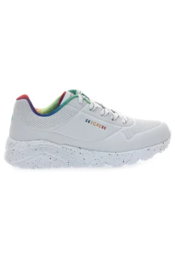 Weiße Sneakers mit Regenbogen-Sprenkelsohle Skechers Uno Lite Rainbow Speckle